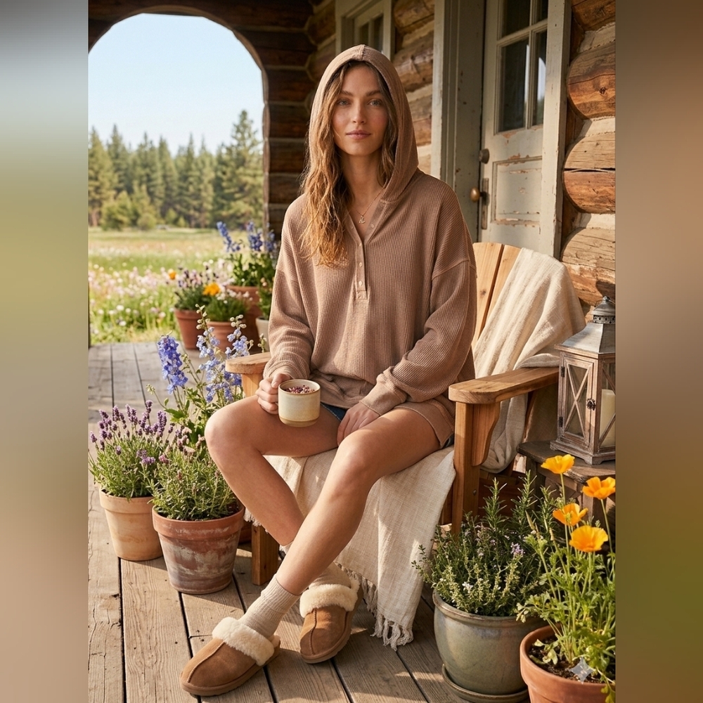 NWT Aerie Ribbed Oh Snap Henley Hoodie Stone Harbor Tan Oversized XXL - Picture 11 of 11